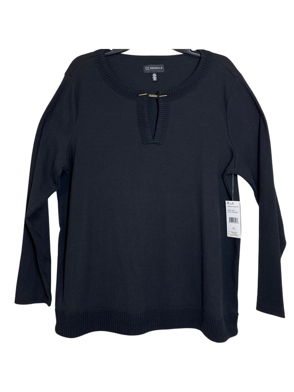 NWT Rafaella XL Black Sweater Top Gold Accent Keyhole Scoop Neck Ribbed Hem